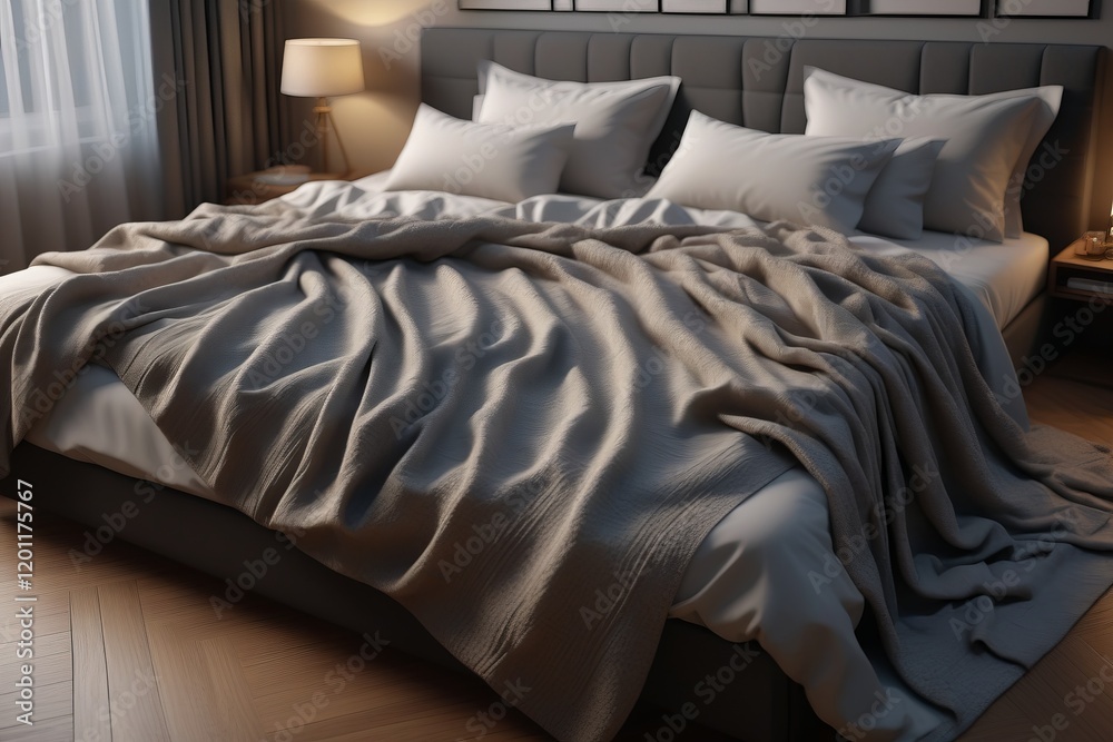 Luxurious bed with pillows and tousled blanket in a hotel room, featuring elegant decor and furniture, with comfortable sofa, lamps, curtains and windows offering natural light.