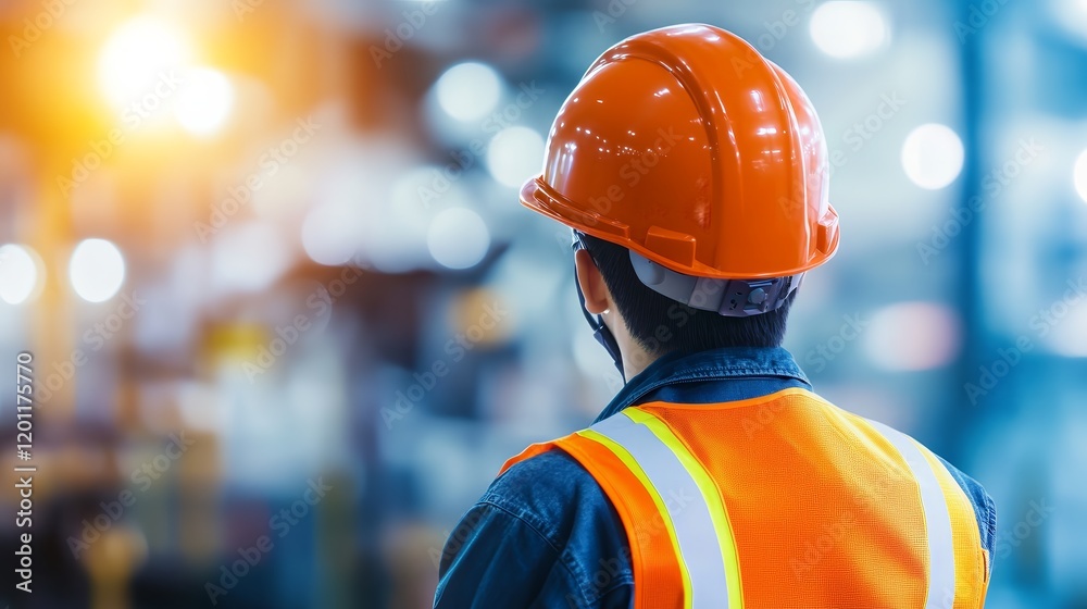 A worker in an orange hard hat and vest observes an industrial setting. A worker in an orange hard hat and vest observes an industrial setting.