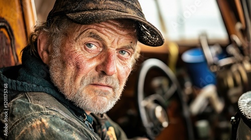 Wallpaper Mural Portrait of weathered fisherman inside trawler cabin steering Torontodigital.ca