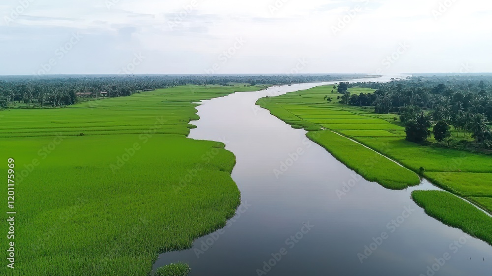 Aerial view of river flowing through green fields Aerial view of river flowing through green fields
