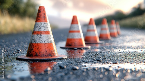 Wet road cones, rural sunset, construction