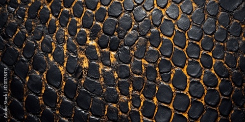 Black and orange snake skin texture with glossy scales arranged in a tight, overlapping pattern creating a striking visual depth. photo