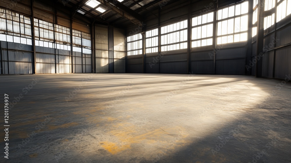 A spacious industrial interior with sunlight streaming through large windows. A spacious industrial interior with sunlight streaming through large windows.