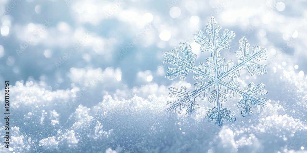 Delicate snowflake with intricate design resting on soft white snow under soft blue light creating a serene winter atmosphere Delicate snowflake with intricate design resting on soft white snow under soft blue light creating a serene winter atmosphere