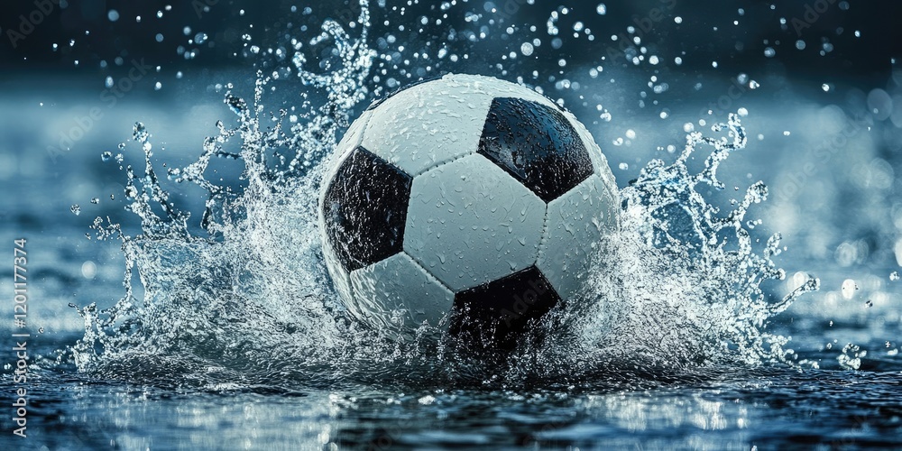 Naklejka premium Energetic soccer ball splashing in vibrant blue water with dynamic spray around it showcasing sporting action and excitement in football context