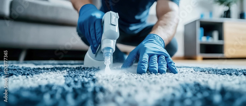 Professional deep cleaning service for carpets and furniture in a modern living room environment