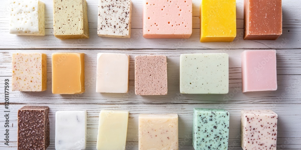 Fototapeta premium Colorful assorted soap blocks neatly arranged on a white wooden table with a rustic texture showcasing various pastel and earthy tones.