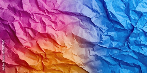 Crumpled paper texture in vibrant gradient colors of pink, orange, and blue with soft folds and shadows creating abstract background design. photo