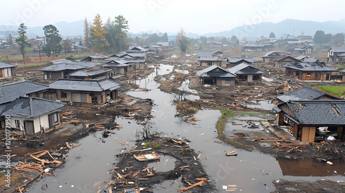 Devastated Village Aftermath: Aerial view of a village submerged and heavily damaged after a natural disaster, showing the extent of the destruction and the impact on homes and infrastructure.