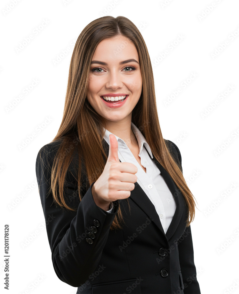 A positive and smiling woman in business attire, showing a thumbs-up with a confident and energetic expression, set on a simple white background A positive and smiling woman in business attire, showing a thumbs-up with a confident and energetic expression, set on a simple white background