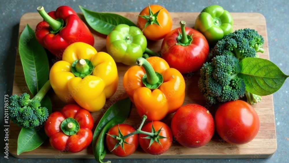 Vibrant Collection of Fresh Peppers, Tomatoes, and Broccoli on Wooden Cutting Board Vibrant Collection of Fresh Peppers, Tomatoes, and Broccoli on Wooden Cutting Board
