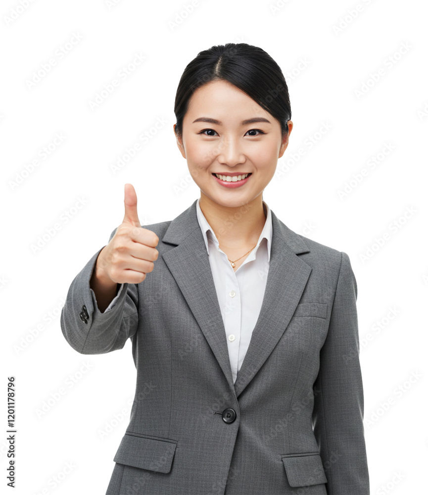 A smiling businesswoman in office attire, holding a thumbs-up pose with one hand, her hair neatly styled, standing against a plain white background A smiling businesswoman in office attire, holding a thumbs-up pose with one hand, her hair neatly styled, standing against a plain white background