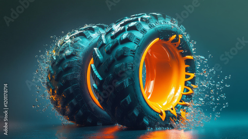 Tyre tracks quality service vector poster, garage mechanics works promo with 3d tire and grunge tread. Promotion with realistic Rubber tyre protector marks. Car wheel for bike, vehicle, transportation photo