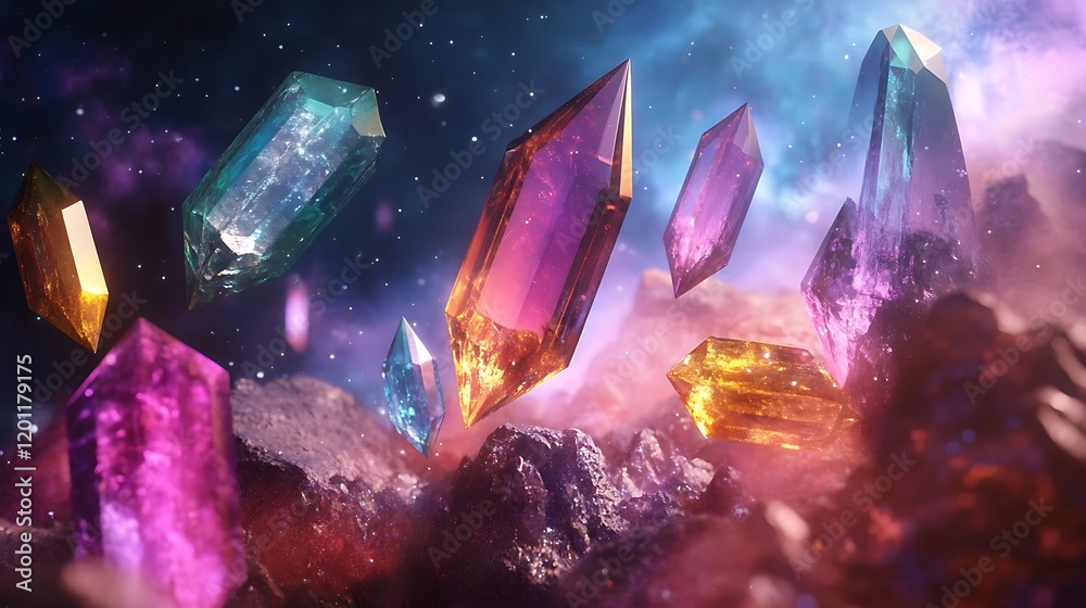 Floating bright crystals and vivid digital gemstones set against a dynamic abstract cosmic background with radiant colors Floating bright crystals and vivid digital gemstones set against a dynamic abstract cosmic background with radiant colors