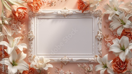 A blank white picture frame with gold relief decorations in the center surrounded by lilies and peonies