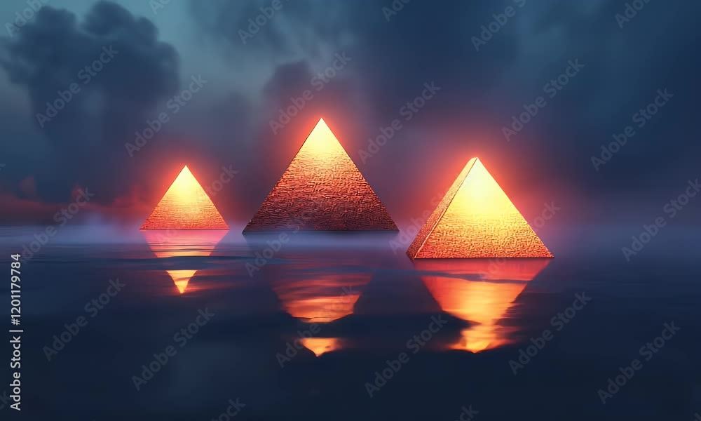 Glowing pyramids reflecting in dark, misty water