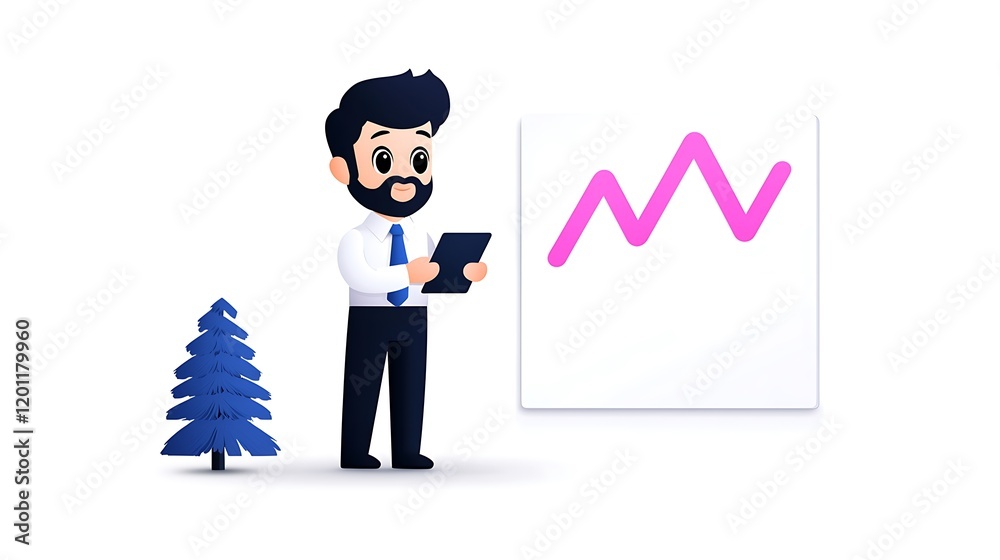 Cartoon businessman reviewing a graph on a tablet near a small stylized tree. Cartoon businessman reviewing a graph on a tablet near a small stylized tree.