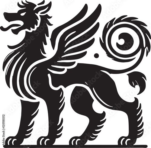 Black Color Mythic Animal Cerberus Silhouette Vector Illustration, Solid White Background