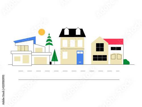Residential Houses In Flat Vector Illustration Symbolizing Modern Neighborhood And Urban Living, Isolated On White Background
