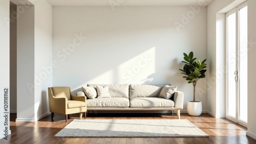 Serene Living Room Interior Design with Neutral Tones and Natural Light Featuring a Comfortable Sofa and Armchair