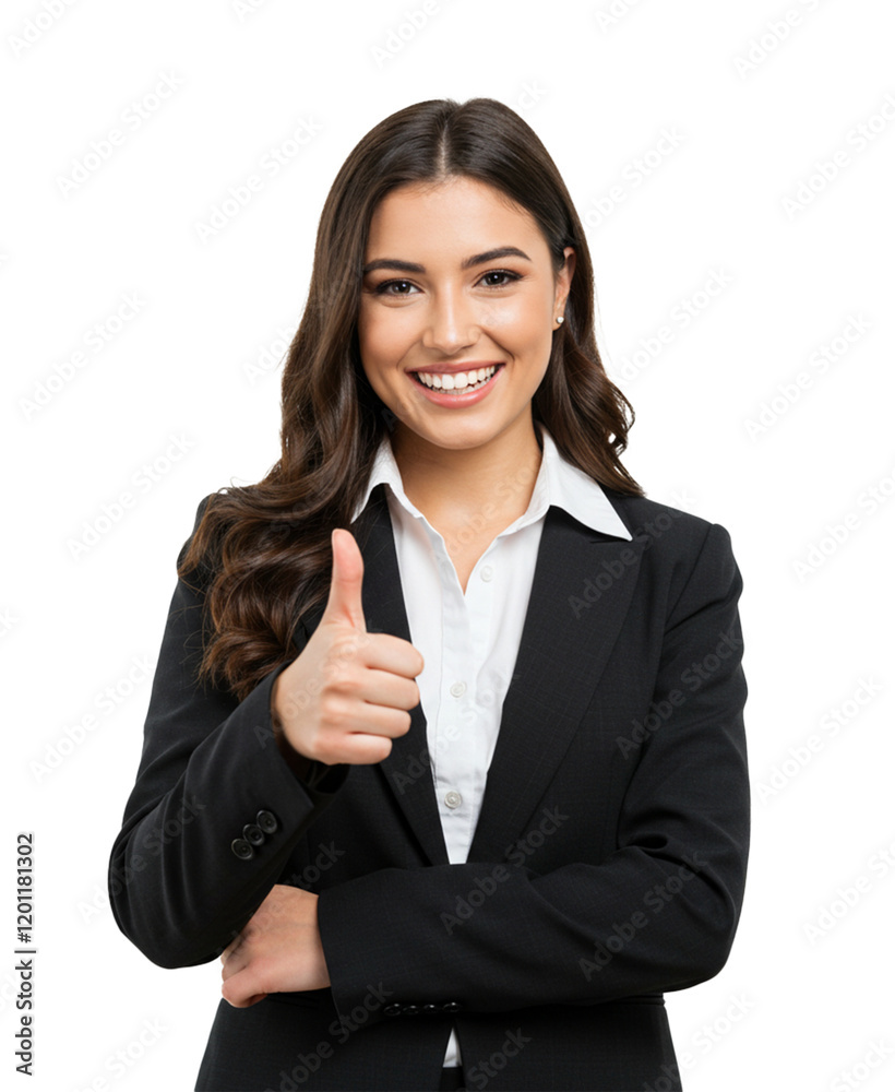 A young and successful businesswoman, styled in formal office wear, happily showing a thumbs-up with a radiant smile, against a plain white background A young and successful businesswoman, styled in formal office wear, happily showing a thumbs-up with a radiant smile, against a plain white background