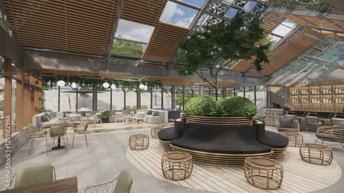 Minimalist Industrial Cafe restaurant Design.3d rendering perspective.Isomatric view.