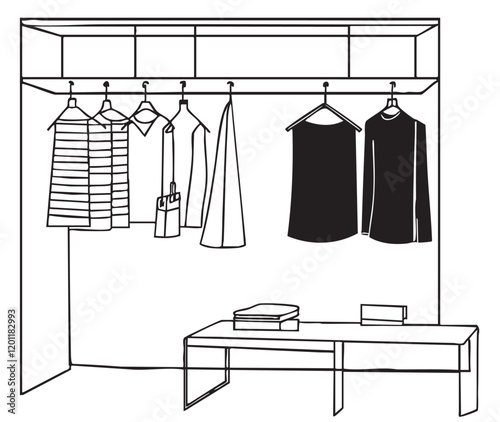 Hand drawn monochrome family wardrobe concept with male and female clothing footwear and accessories vector illustration