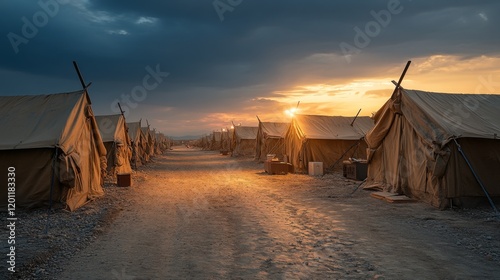 Sunset over a row of desert army tents