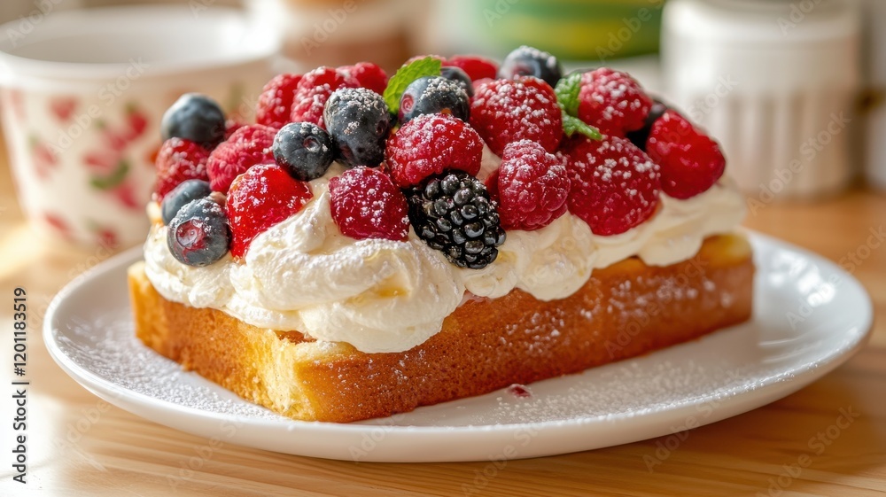 A delicious cake topped with fresh berries and whipped cream, served on a white plate, perfect for dessert lovers. A delicious cake topped with fresh berries and whipped cream, served on a white plate, perfect for dessert lovers.