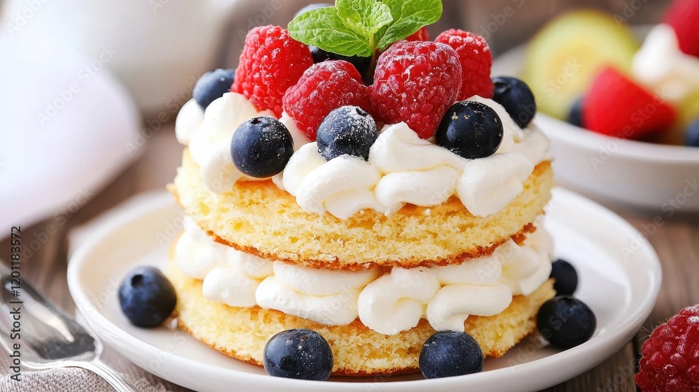 A delightful dessert featuring layers of fluffy cake, whipped cream, and topped with fresh raspberries and blueberries. A delightful dessert featuring layers of fluffy cake, whipped cream, and topped with fresh raspberries and blueberries.