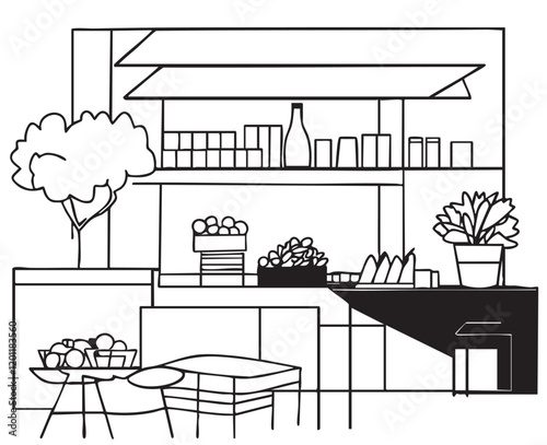 Grocery store shop interior black white graphic sketch illustration vector. Market