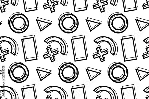 Black and white seamless pattern featuring geometric shapes including circles, triangles, crosses, rectangles, and arches, ideal for coloring or design projects.