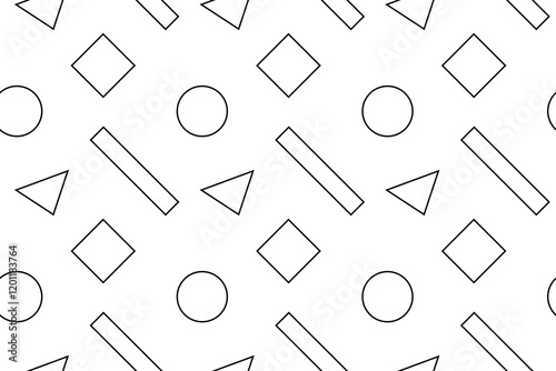 Seamless black and white pattern with circles, triangles, rectangles, and diamonds, perfect for coloring activities.