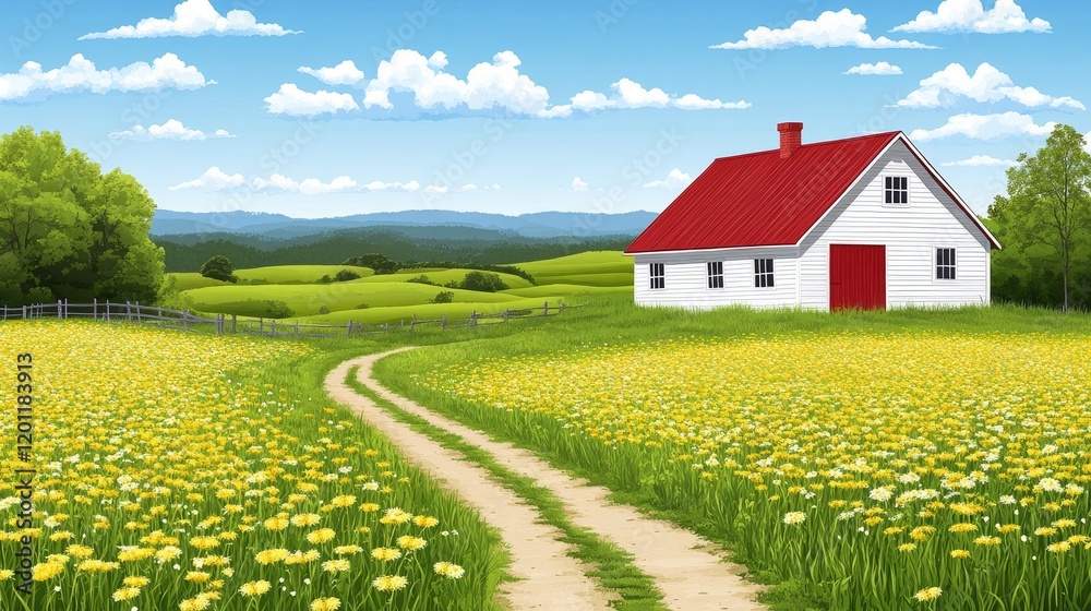 Idyllic Rural Scene White Farmhouse with Red Roof in a Yellow Flower Field Idyllic Rural Scene White Farmhouse with Red Roof in a Yellow Flower Field