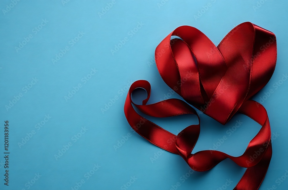 Red satin ribbon shaped like a heart on blue background Red satin ribbon shaped like a heart on blue background