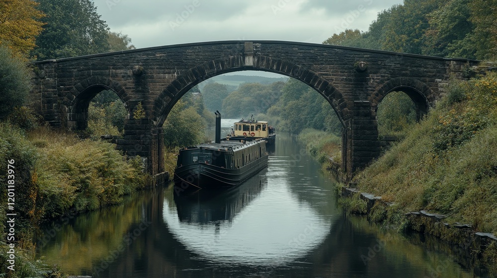 Canal boats travel under stone bridge with trees.