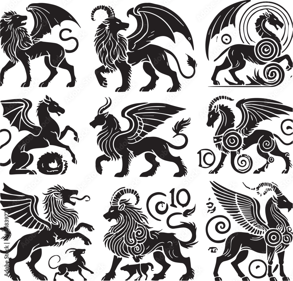 Obraz premium Black Color Mythic Bird Griffin Silhouette Vector Illustration, Solid White Background