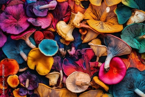 colorful mushroom background- painted texture- paint chips- flower petals- fungal pages- natural colors- colourful palette- high colored mushroom texture photo