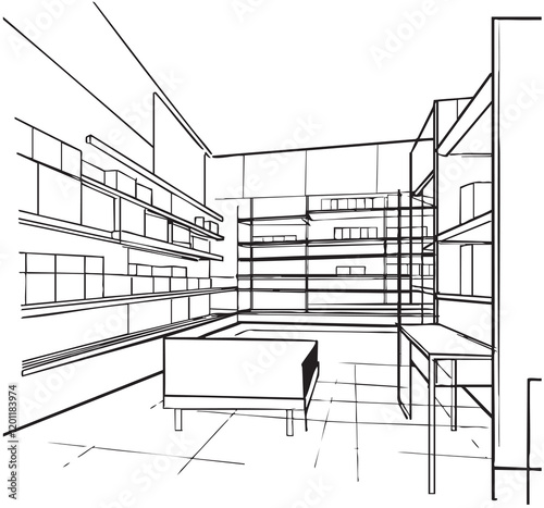 Shelves in the empty supermarket, sketch. Abstract interior