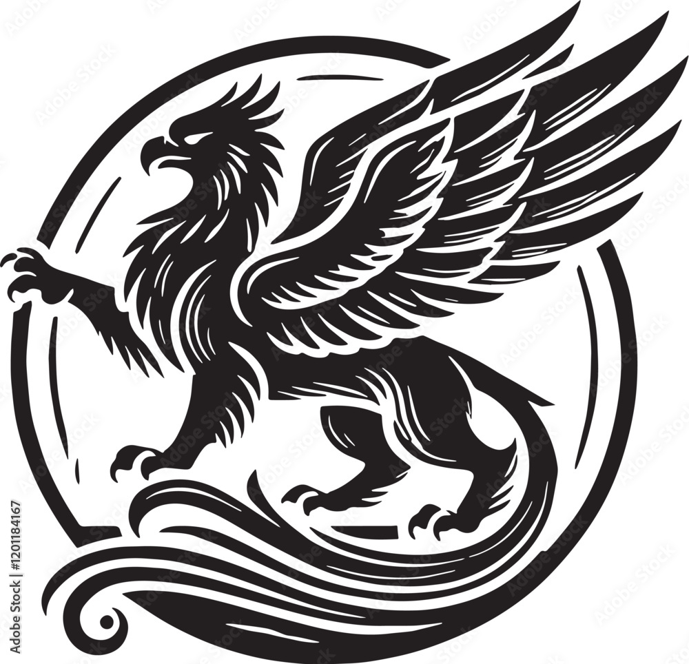 Obraz premium Black Color Mythic Bird Griffin Silhouette Vector Illustration, Solid White Background