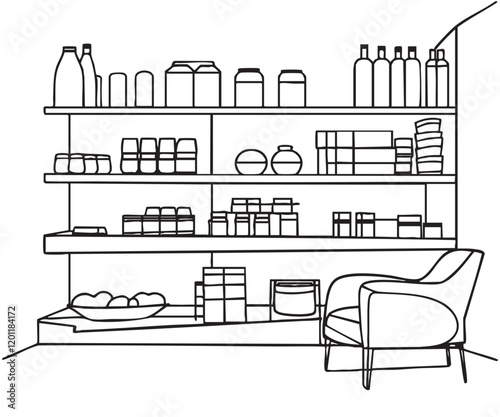 Shelves in the empty supermarket, sketch. Abstract interior. Grocery store shop interior