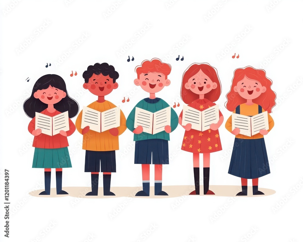 A colorful illustration of children singing together with music notes, showcasing joy and friendship in a classroom setting. A colorful illustration of children singing together with music notes, showcasing joy and friendship in a classroom setting.
