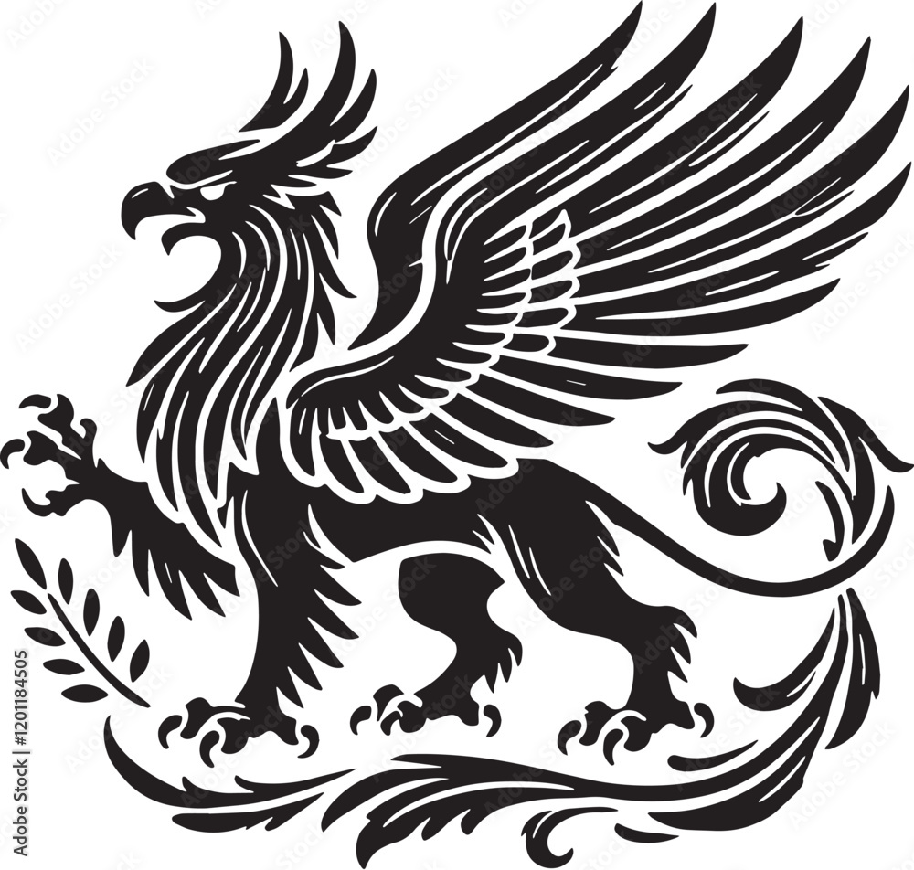 Fototapeta premium Black Color Mythic Bird Griffin Silhouette Vector Illustration, Solid White Background