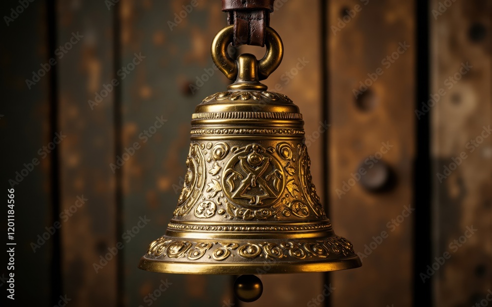 Ornate Gold Bell with Leather Strap Against Wooden Background Ornate Gold Bell with Leather Strap Against Wooden Background