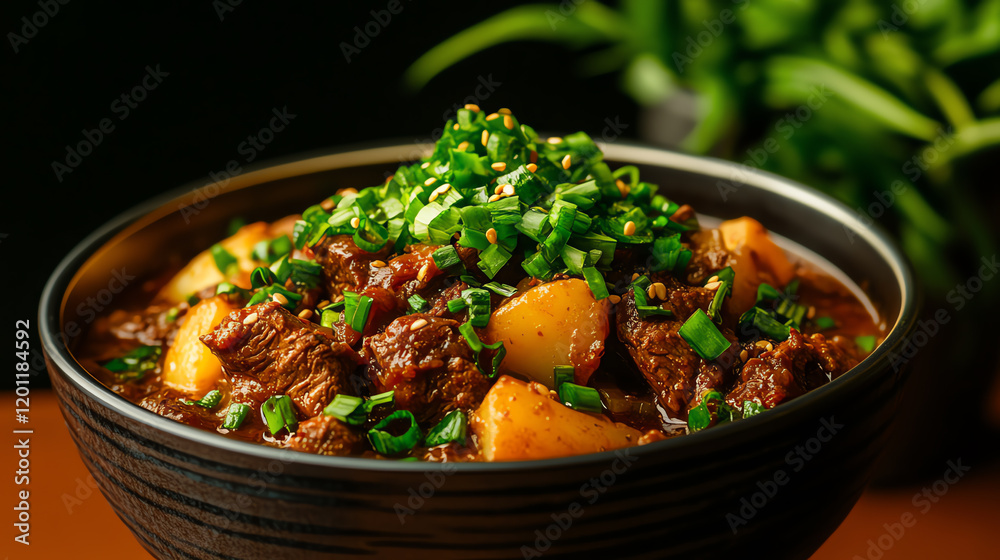 Japanese Nikujaga beef and potato stew, garnished with scallions and served in a minimalist family dining setup, [Asian comfort food, home-cooked warmth]