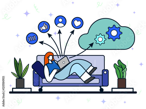Woman laying on sofa and using laptop at home to access social media and setting cloud computing. Cloud management, account security, cyber protection. 