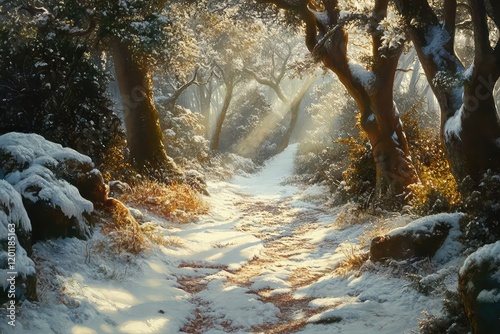 A magical woodland path blanketed with snow, with sunlight casting long shadows. photo