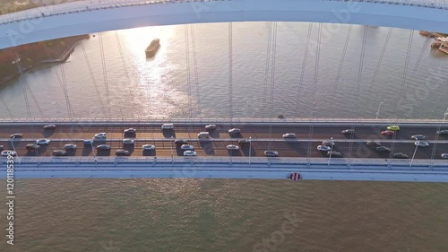 4K Real Time Aerial view of Lupu bridge and Huangpu River in Shanghai at sunset, China