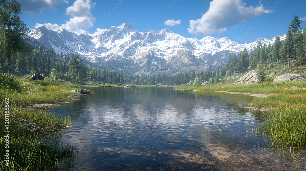 a serene mountain lake, reflecting the snow-capped peaks and blue sky above. Lush green meadows border the pristine water, inviting tranquil contemplation. The air is crisp and clean. a serene mountain lake, reflecting the snow-capped peaks and blue sky above. Lush green meadows border the pristine water, inviting tranquil contemplation. The air is crisp and clean.
