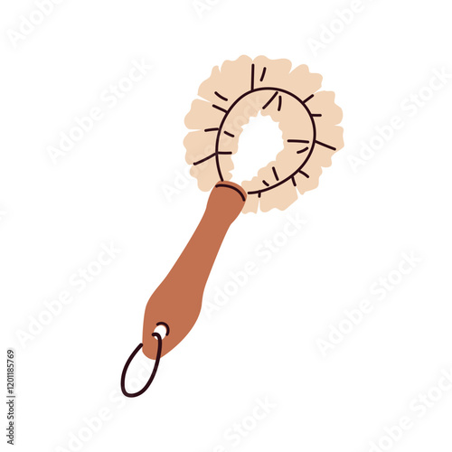 Brush scrubber for dish washing, scrubbing. Natural bristles and wooden handle, eco kitchen cleaning tool for household. Dishwashing supply. Flat vector illustration isolated on white background